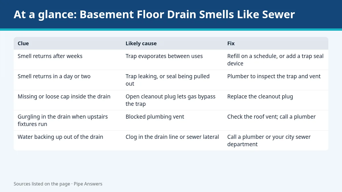 Summary graphic: Basement Floor Drain Smells Like Sewer? How to Fix It