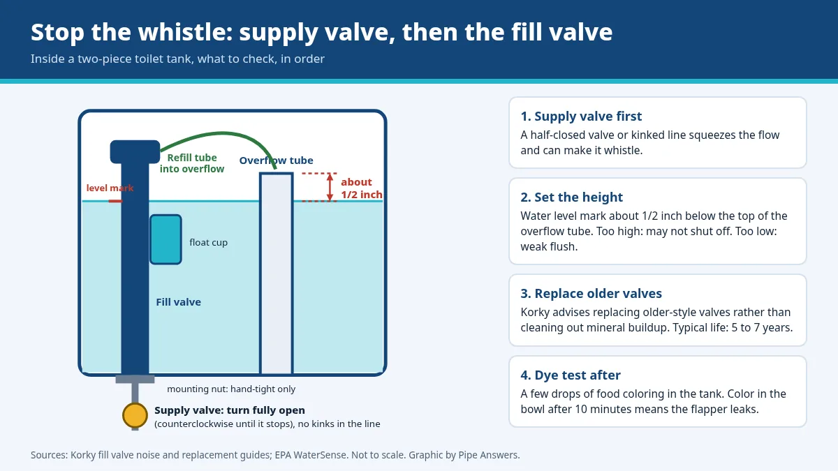 Diagram of a toilet tank: open the supply valve fully, set the fill valve so its water level mark is about 1/2 inch below the top of the overflow tube, point the refill tube into the overflow tube, then do a dye test